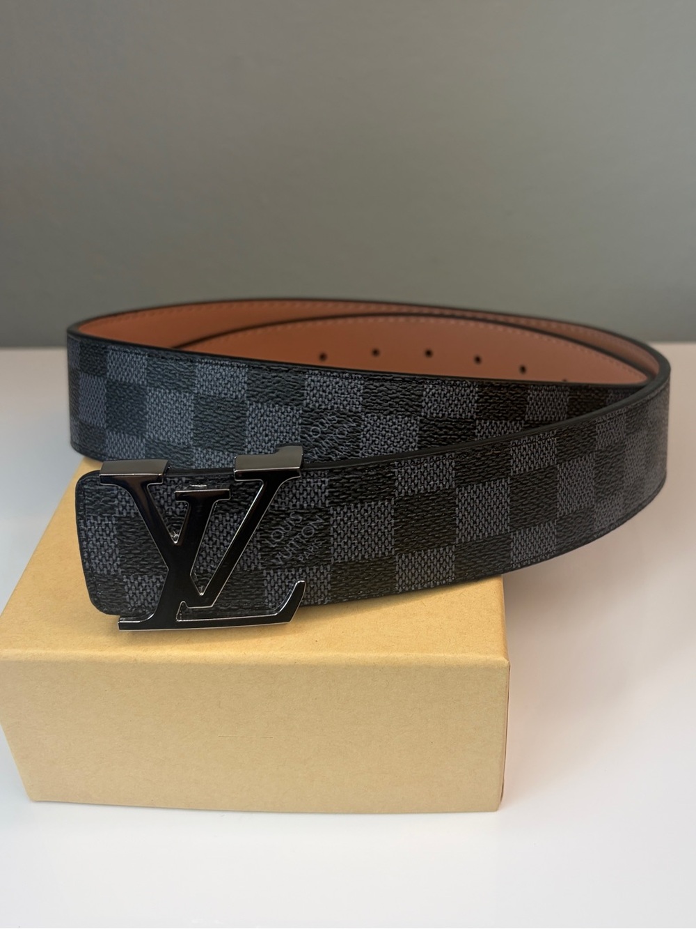 Mens Black & Silver Checker Genuine Leather Belt Fits Waist 33-35